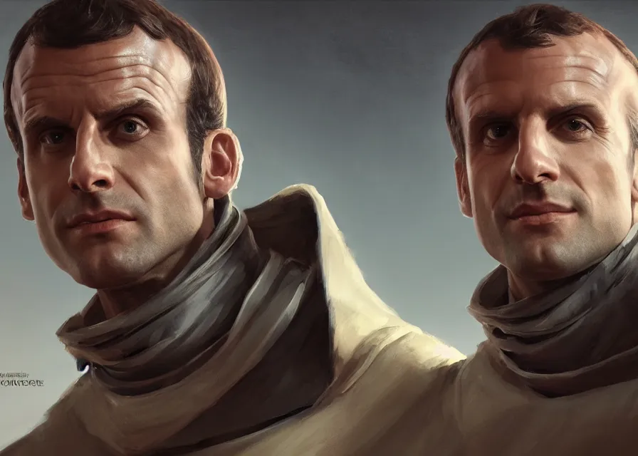 Image similar to painting portrait of Emmanuel Macron dressed as Arcann in Star Wars, sharp focus, waist up, trending on ArtStation, masterpiece, by Greg Rutkowski, by Ross Tran, by Fenghua Zhong, octane, clear eyes, soft render, clear facial features, oil on canvas, moody lighting, cinematic, professional environment concept art