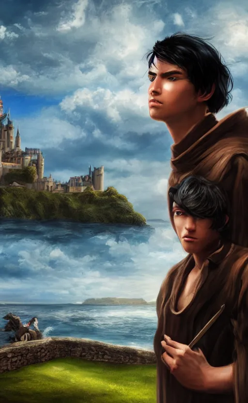 Prompt: portrait of young male wizard with black hair wearing a brown jerkin in front of a castle by the sea, photorealistic, dramatic lighting, intense clouds