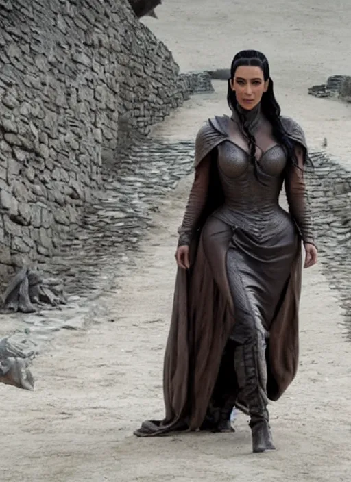 Prompt: film still of kim kardashian as daenerys targary in game of thrones.