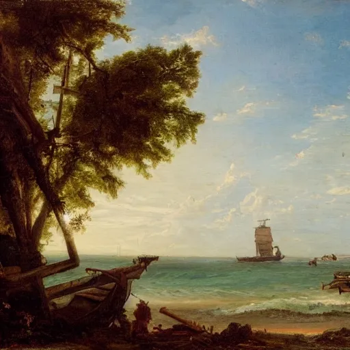 Prompt: a ship docking on the beach next to an island, in the style of andreas achenbach,