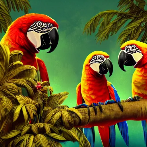 Image similar to parrots dressed in golden rings, necklaces and with caps on head, rapping and sitting on golden trees, rap scene, jungle concept art, trending on artstation, highly detailed, digital art, 8 k