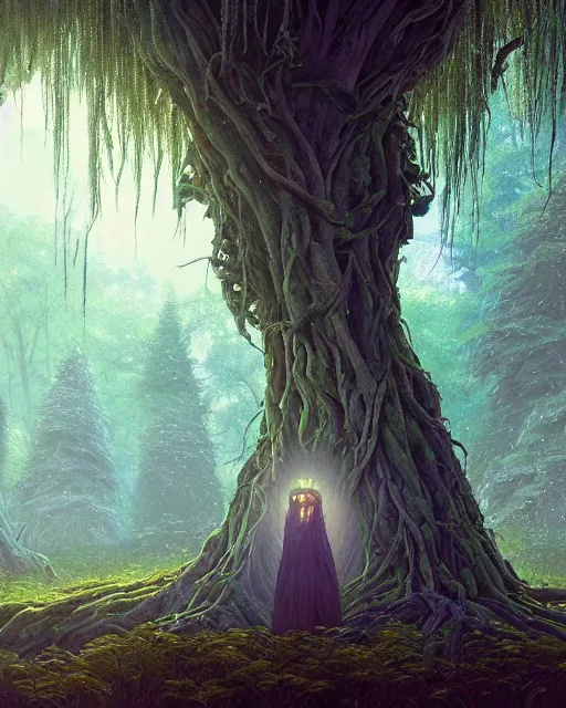 Image similar to highly detailed surreal vfx portrait of a cursed crown in a shadowy forest by a willow tree, stephen bliss, unreal engine, greg rutkowski, loish, rhads, beeple, makoto shinkai and lois van baarle, ilya kuvshinov, rossdraws, tom bagshaw, alphonse mucha, global illumination, detailed and intricate environment