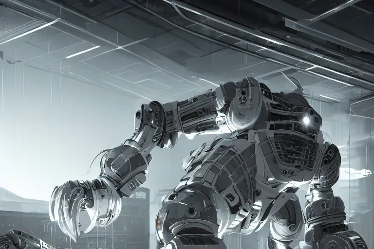 Image similar to parallax datacenter server room single mono colossus white rusty android robosaurus in artstation cinematic detailed concept art volumetric light sharp coherent cgsociety hyperrealism very beautiful