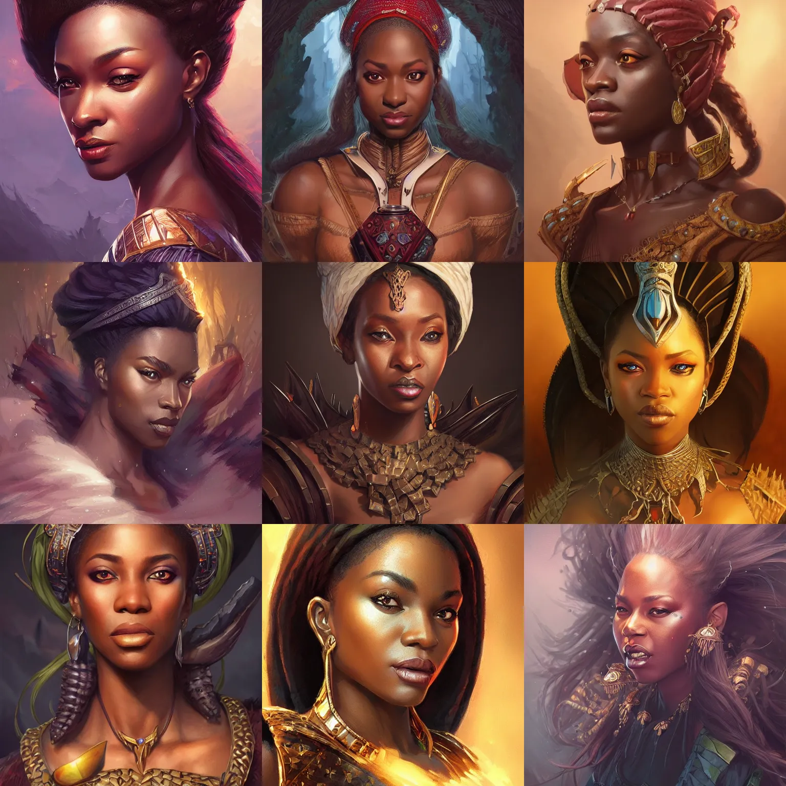 Prompt: nigerian queen, D&D, fantasy, portrait, highly detailed, digital painting, artstation, concept art, sharp focus, illustration, art by artgerm and greg rutkowski and magali villeneuve and aleksi briclot