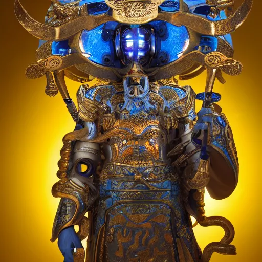 Image similar to a guardian, hussein by hieronymus engine, beautiful barbarian rays of shimmering mechanical chinese blue inexplicable cinematic, 8 k resolution, and behavior, and paint oil paint metal liquid metal sculpture