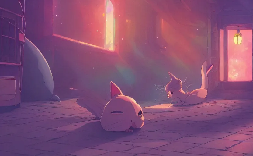 Prompt: an alien cat sleeping in a alleyway in a space opera utopian studio ghibli animated film, global illumination, beautiful composition, volumetric lighting, octane render by artgerm, loish, alena aenami, highly detailed