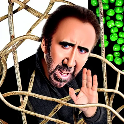 Image similar to nicolas cage trapped in a wicker cage being covered in peas, screaming