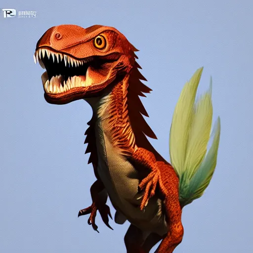 Image similar to cute velociraptor with feather, pet, realistic, digital art, ray traced, octane render