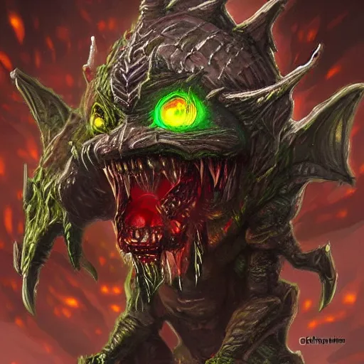 Image similar to a highly detailed goblin with coal colored skin and red eyes that glow, in a cave, like magic the gathering, goblin chainwalker, digital art, by christopher rush