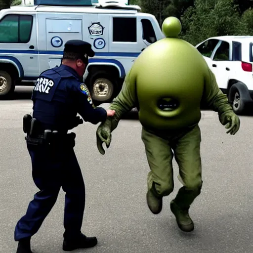 Prompt: extraterrestrial alien with big head and skinny body, being arrested by special forces