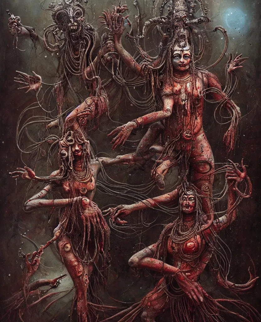 Prompt: One many-armed Shiva is dancing. Drops of blood. Dark colors, high detail, hyperrealism, horror art, masterpiece, close-up, zoom, concept art, octane render, biopunk, body-horror, art by Greg Broadmore, Esao Andrews, Beksinski, Giger