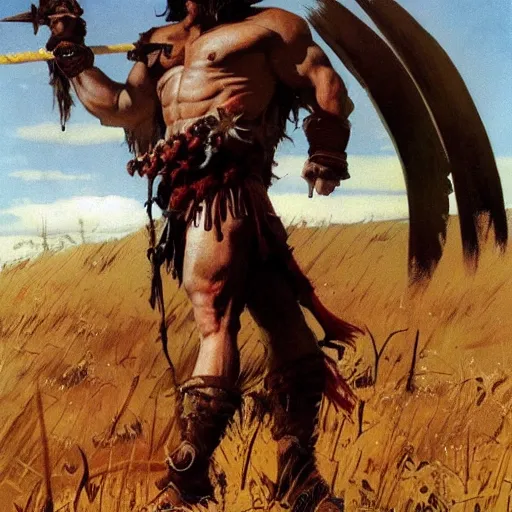 Prompt: a beautiful picture of a barbarian in a field by Frank Frazetta, trending on Artstation