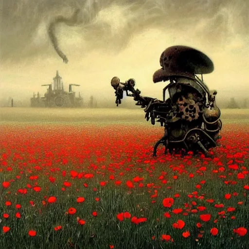 Image similar to a hyperrealistic painting of a steampunk demon in a feild of poppies, by john kenn mortensen and zdzislaw beksinski, highly detailed, vivid color,