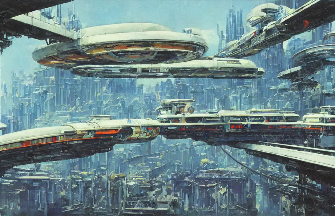 Image similar to a retro futurism elevated railway on colonized planet by robert mccall and john berkey | ralph mcquarrie :. 5