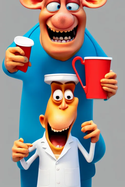Image similar to portrait of the crazy dentist holding a cup of coffee, full body. pixar disney 4 k 3 d render funny animation movie oscar winning trending on artstation and behance. ratatouille style.