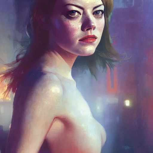 Image similar to emma stone, hyperrealistic full figure, bladerunner street alley, art of elysium by frank frazetta and by jeremy mann and by alphonse mucha, fantasy art, photo realistic, dynamic lighting, artstation, full figure poster, volumetric lighting, very detailed face, 4 k, award winning