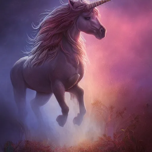 Image similar to majestic gracious unicorn portrait, magic forest, atmospheric lighting, painted, menacing, intricate, volumetric lighting, beautiful, rich deep colours masterpiece, golden hour, sharp focus, ultra detailed, by leesha hannigan, ross tran, thierry doizon, kai carpenter, ignacio fernandez rios