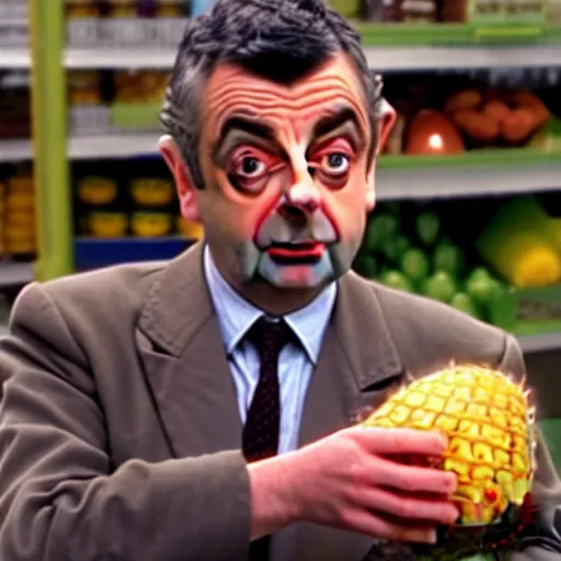 Image similar to rowan atkinson as mr. beans stealing a pineapple from a target store, johnny english, black adder, focused face, realistic photo, uhd