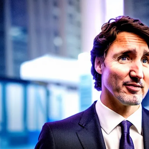 Prompt: a still of Justin Trudeau. He's wearing a dark suit. Studio lighting, Close. shallow depth of field. Professional photography City at night in background, lights, colors,4K