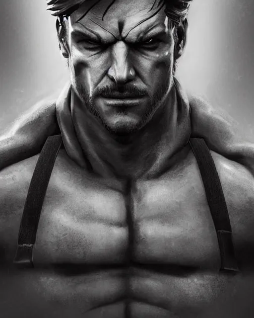 Image similar to solid snake bust portrait, cinematic lighting, backlit face, tired expression, close - up, black atmospheric background, 4 k ultra detailed digital photoshop painting, best of artstation hdr, official artwork hdr