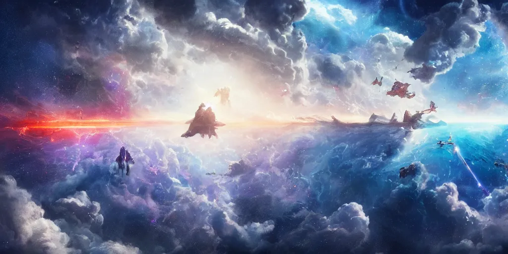 Image similar to beautiful cinematic artwork of an epic battle staring with a cosmic rift in the sky greg rutowski, masterpiece, 4k