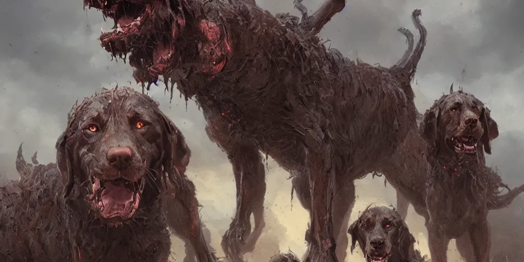 Image similar to cerberus the three headed hound at the gates of hell, greg rutkowski, 8 k, shallow depth of field, moody lighting, ultra high detail, concept art,