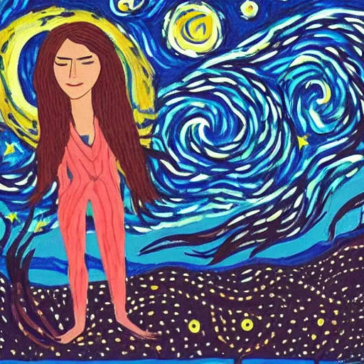 Prompt: A beautiful art installation of a woman with long flowing hair, wild animals, and a dark, starry night sky. by Mikhail Larionov, by Noelle Stevenson manmade