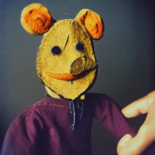 Image similar to a cute puppet made of fingers and hands, old photo, expired color film, damaged photo, 1975