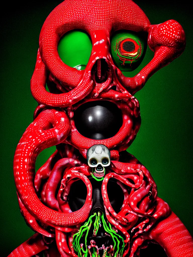 Image similar to a self portrait photograph by the artist kelbv, in distinct hyper detailed style with tubes coming from eyes, and hollowed skull filled with red and green gingham ellipsoids, perfect studio lighting against a backdrop of a still from the movie squid asthma.