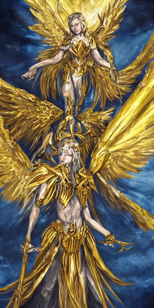 Image similar to fantasy angel warrior in armor with bright gold wings, epic flying pose, art, paint, fine details