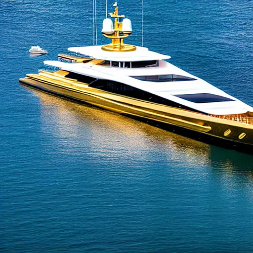 Prompt: gold plated mega yacht with two swimming pools and a helicopter landing pad, being polished by servant, docked at harbor, clear and focused, elegant, photograph