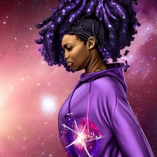 Prompt: black woman with purple dreads in space