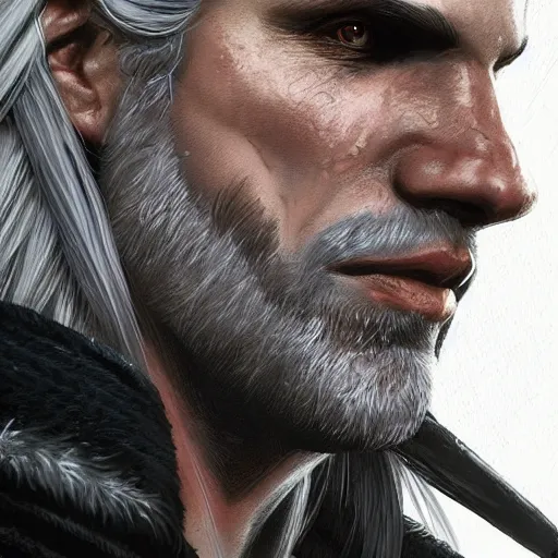 Prompt: closeup portrait of Geralt of Rivia, D&D, fantasy, highly detailed, digital painting, trending on artstation, concept art, sharp focus, illustration, art by artgerm and greg rutkowski and magali villeneuve