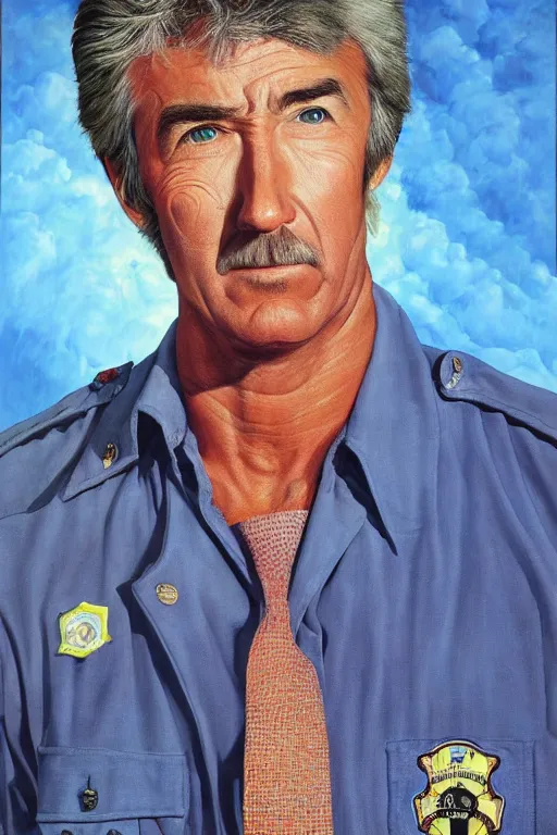 Image similar to hyper realistic painting of randy mantooth as a fire fighter by chuck close and richard corben, vivid colours, highly detailed, dramatic lighting, exotropia eyes