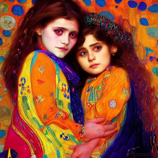 Prompt: painting of vivid colors iraqi girl child with her sister gustav klimt wallpaper by android jones detailed matte painting 8 k best on artstation cinematic lighting collage