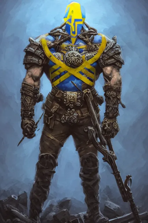 Image similar to a distant shot of a Ukrainian super soldier with blue and yellow flag behind him and a trident symbol on the chest standing alone on a huge pile of skulls posing as a winner, masculine muscular figure, D&D, fantasy, intricate, elegant, highly detailed, extremely detailed, digital painting, artstation, concept art, matte, smooth, sharp focus, illustration, art by Artgerm and Greg Rutkowski and Alphonse Mucha