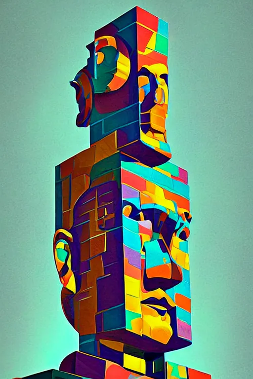 Image similar to cubist moai statue cutout digital illustration cartoon colorful beeple