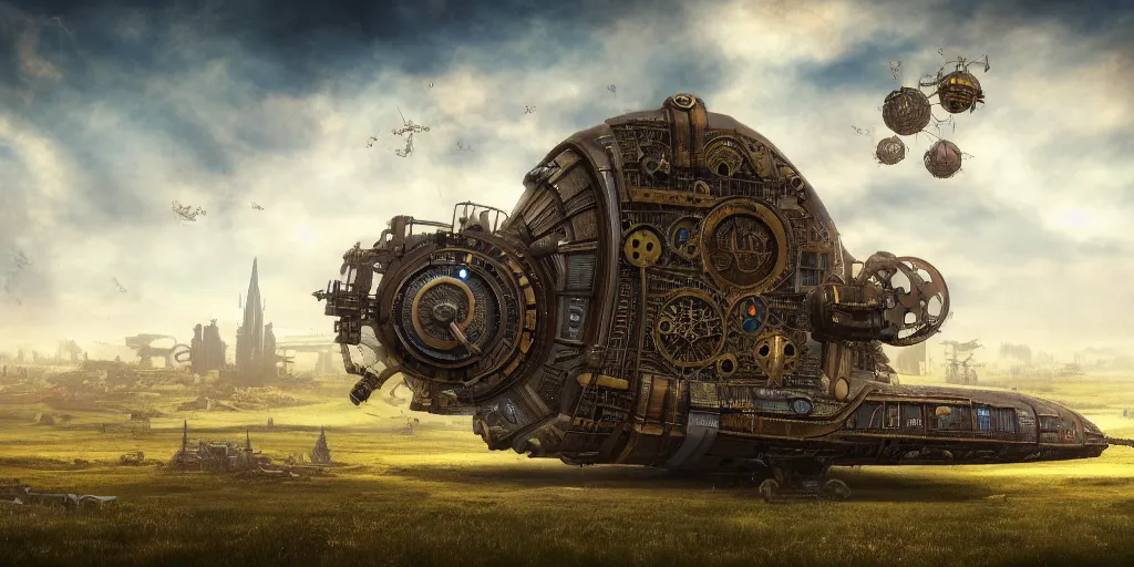 Prompt: steampunk spaceship hovering over fields and small houses, science fiction digital art, award winning, trending on artstation, digital art. highly detailed 8 k. intricate. lifelike. soft light. nikon d 8 5 0.