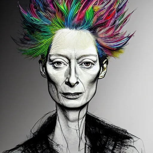 Prompt: a realistic yet sketched fierce neon tilda swinton, trending on artstation, by archan nair and marlene duma, intricate details, flowers, in the style of frank auerbach, in the style of martin ansin, in the style of david aja, in the style of mattias adolfsson