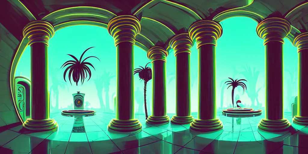 Prompt: curled perspective digital art of medium plane casino door with marble columns and palmtrees by anton fadeev from nightmare before christmas