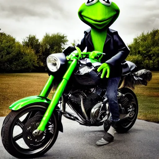 Prompt: slimy kermit the frog leaning against a motorcycle. bright sky. shiny pavement. gq magazine photograph.