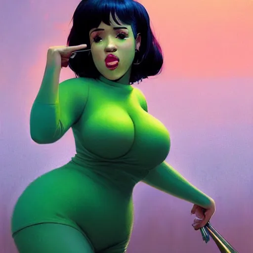 Image similar to 4k headshot of thicc Cardi B from Macfarlane comics, killing with green fire by Craig Mullins, ilya kuvshinov, krenz cushart, epic , artgerm trending on artstation by Edward Hopper and Dan Mumford and WLOP and Rutkovsky, beksinski carl spitzweg moebius and tuomas kocar, intricate artwork by caravaggio, Unreal Engine 5, Lumen, Nanite , 4K headshot of godlike clown with defined arms and open hands and bloody clothes with giant mandala wings , intricate face , flawless anime cel animation by Kentaro Miura, psychedelic , highly detailed upper body , professionally post-processed , beautiful, scary, symmetry accurate features, epic, octane rendered, anime masterpiece, accurate