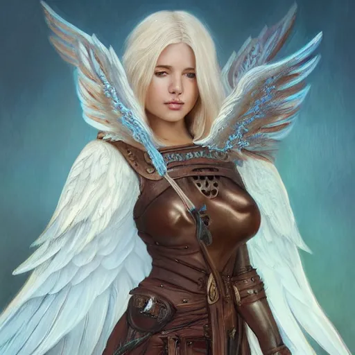 Image similar to portrait of young aasimar angel girl maiden wearing comfy leather armor with beautiful feathered angel wings, cute face, brown eyes, Alison Williams, Blizzard, Diablo, by artgerm and greg rutkowski and alphonse mucha and andrei riabovitchev, 4k oil on linen, vivid colors, colorful, high dynamic range, HDR, intricate, elegant, highly detailed, digital painting, artstation, concept art, smooth, sharp focus, illustration