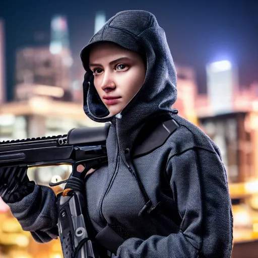 Image similar to photographic portrait of a techwear woman holding a shotgun, closeup, on the rooftop of a futuristic city at night, sigma 85mm f/1.4, 4k, depth of field, high resolution, 4k, 8k, hd, full color, Die Hard, movies with guns, movie firearms