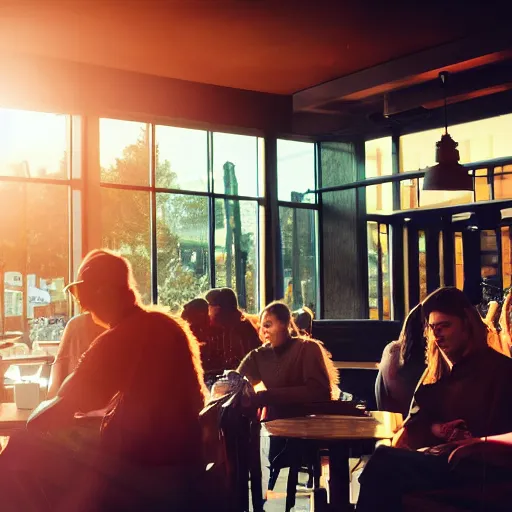 Prompt: cinematic photo of ghostly apparitions at a starbucks in the late afternoon with red sunlight