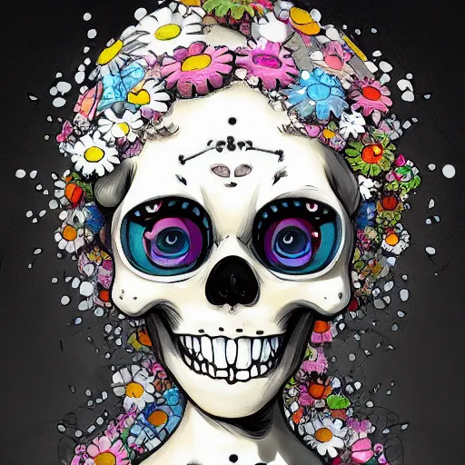 Image similar to manga fine details portrait of joyful skull girl skeleton, bokeh. anime masterpiece by Studio Ghibli. 8k render, sharp high quality anime illustration in style of Takashi Murakami, artstation