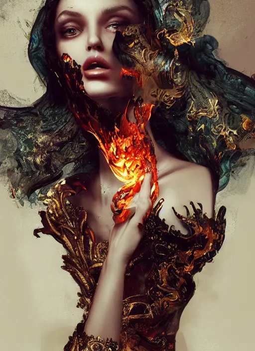 Image similar to 3d fashion portrait with fire, female, future, torch, flame, harper's bazaar, vogue, fashion magazine, intricate, concept art, close up, ornate, luxury, elite, elegant, trending on artstation, by ruan jia, by Kenneth Willardt, by ross tran, by WLOP, by Andrei Riabovitchev,