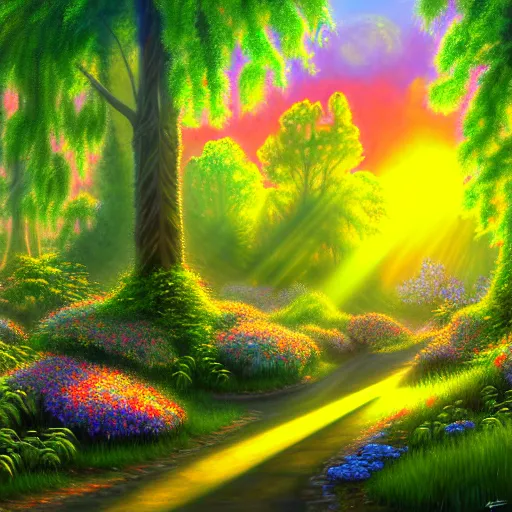 Prompt: A painting of a junk yard in the forest overgrown, with some pretty colorful flowers and ivy, sunrise with sun rays through the trees, detailed, realistic digital art,