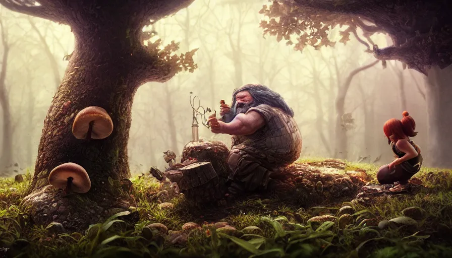 Image similar to dwarf resting under mushroom, by ilya kuvshinov, rtx rendering, octane render 1 2 8 k, maya, extreme high intricate details by tom bagshaw, medium shot, close up shot, composition by sana takeda, lighting by greg rutkowski