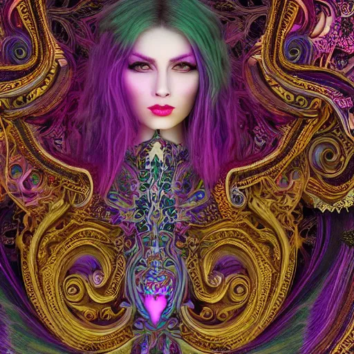 Image similar to psychadelic witch, beautiful face, hyper detailed, flowing psychadelic background intricate and detailed, ornate 8 k gorgeous intricate detailed, octane render